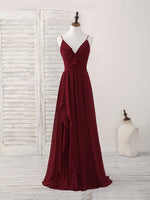Simple Burgundy V Neck Chiffon Long Prom Dress, Bridesmaid Dress