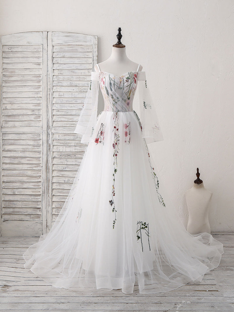 White Sweetheart Tulle Applique Long Prom Dress, White Evening Dress ...
