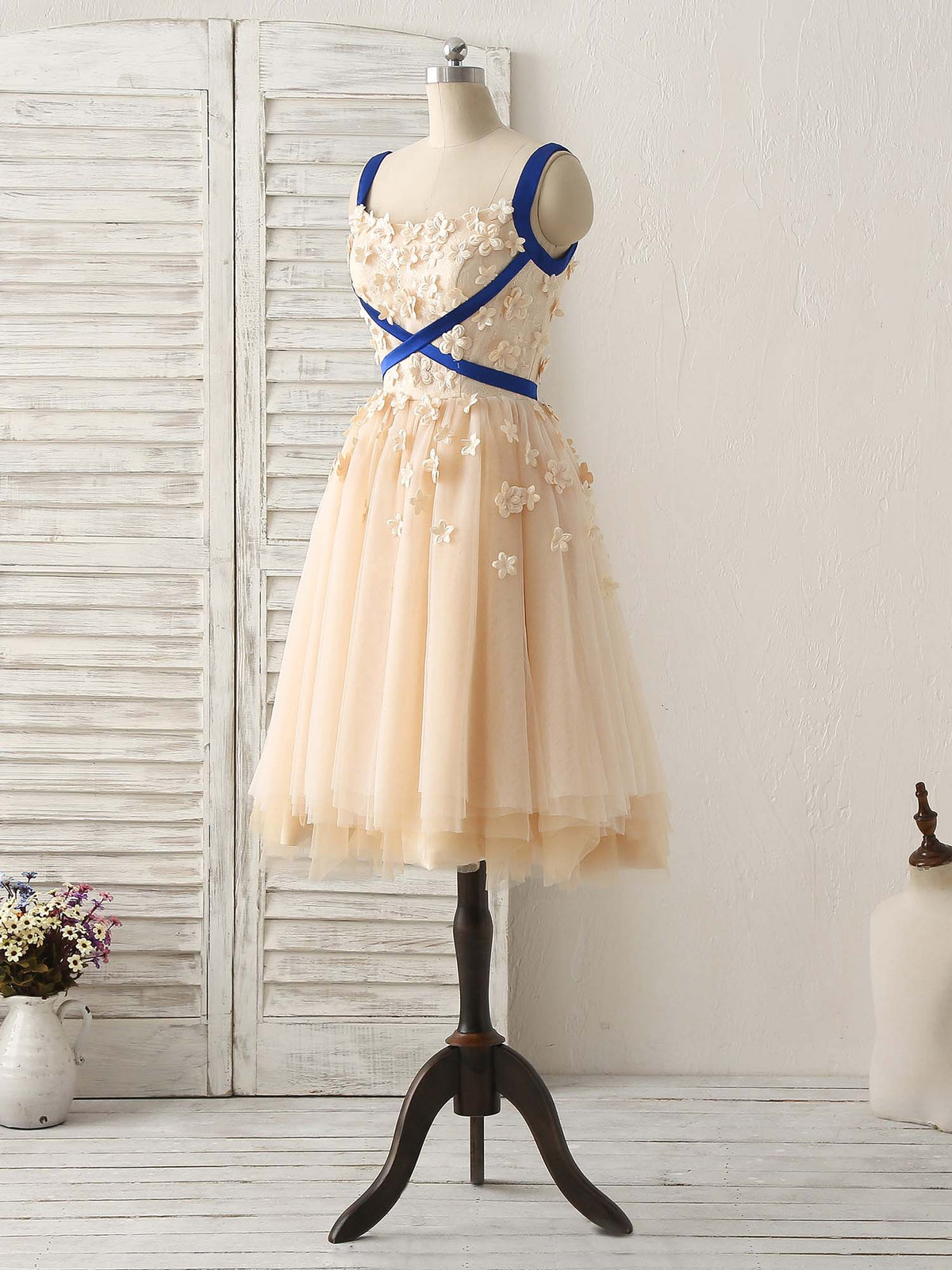 Champagne Tulle Applique Short Prom Dress, Bridesmaid Dress