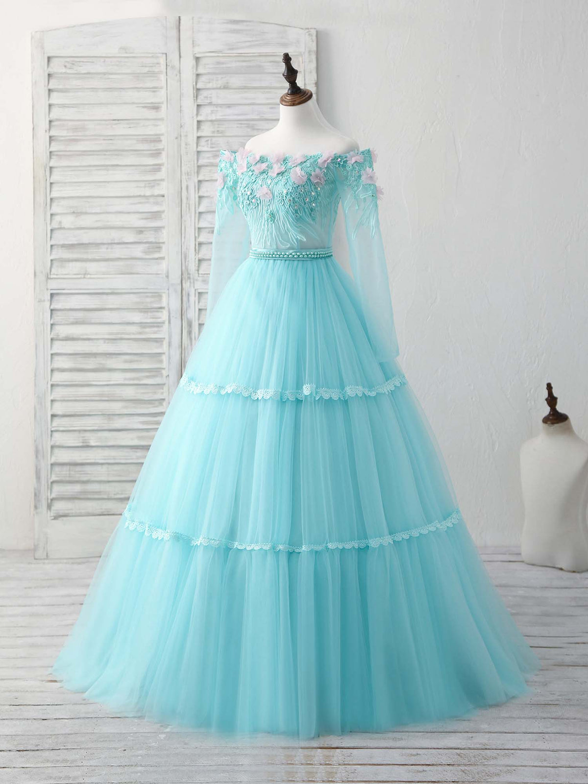 A-Line Tulle Lace Applique Long Prom Dress, Green Evening Dress