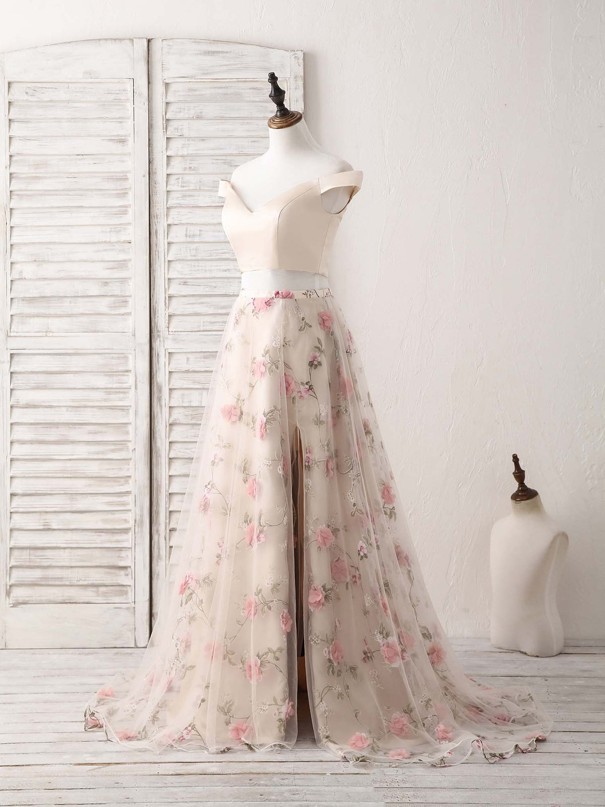 A-Line Champagne Two Pieces Long Prom Dress, Champagne Evening Dress