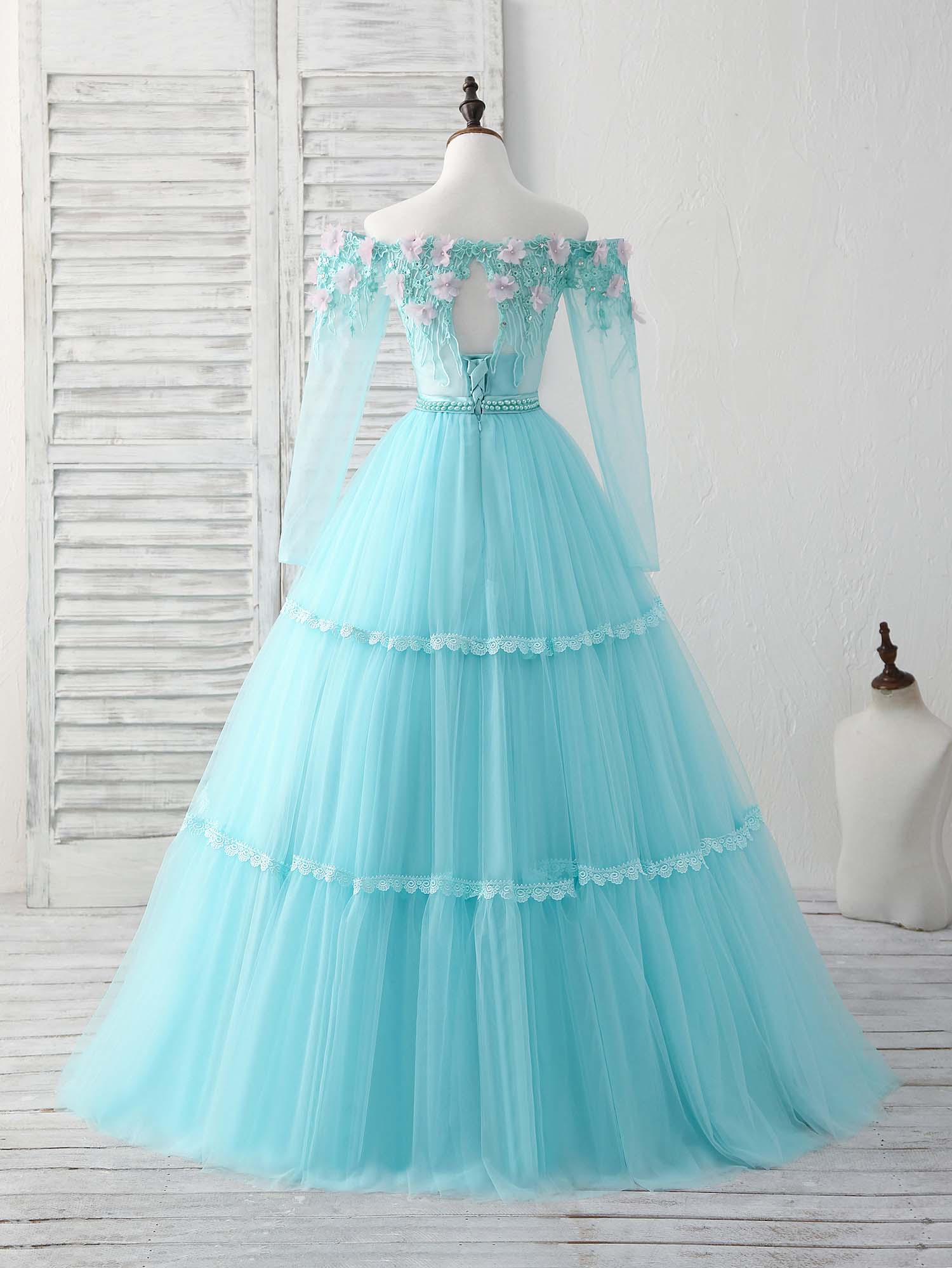 Unique Tulle Lace Applique Long Prom Dress, Green Evening Dress – shopluu