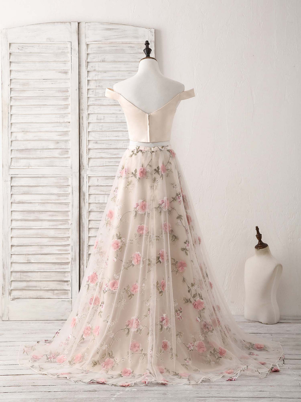 A-Line Champagne Two Pieces Long Prom Dress, Champagne Evening Dress