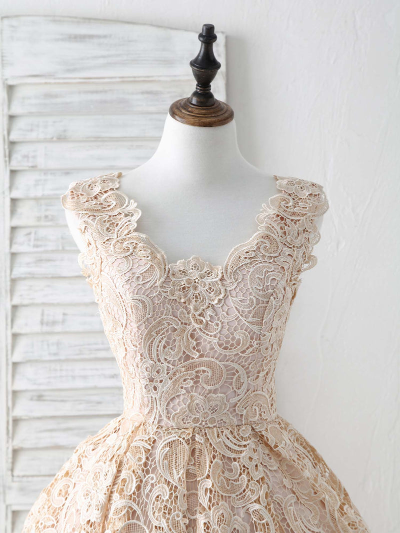 Champagne V Neck Lace Short Prom Dress Champagne Bridesmaid Dress – shopluu