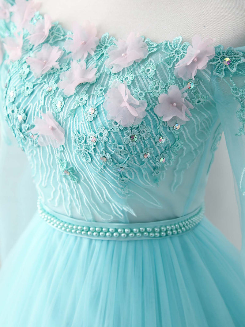 Unique Tulle Lace Applique Long Prom Dress, Green Evening Dress