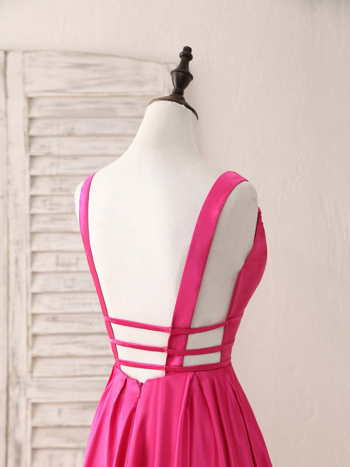 Simple V Neck Satin Long Prom Dress Backless Evening Dress