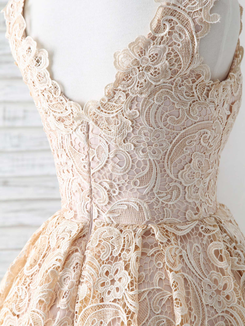 Champagne V Neck Lace Short Prom Dress Champagne Bridesmaid Dress shopluu Champagne V Neck Lace Short Prom Dress Champagne Bridesmaid Dress shopluu