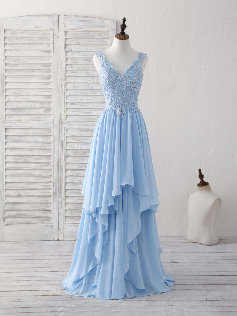 Blue V Neck Applique Chiffon Long Prom Dress Lace Bridesmaid Dress