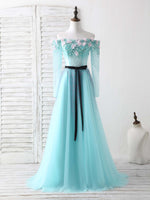 Blue Tulle Beads Long Prom Dress Blue Beads Evening Dress