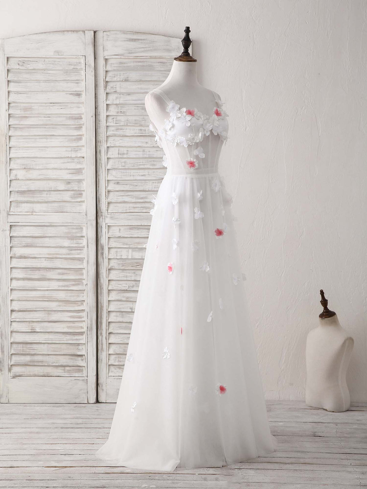 A-Line White Sweetheart Tulle Long Prom Dress White Evening Dress