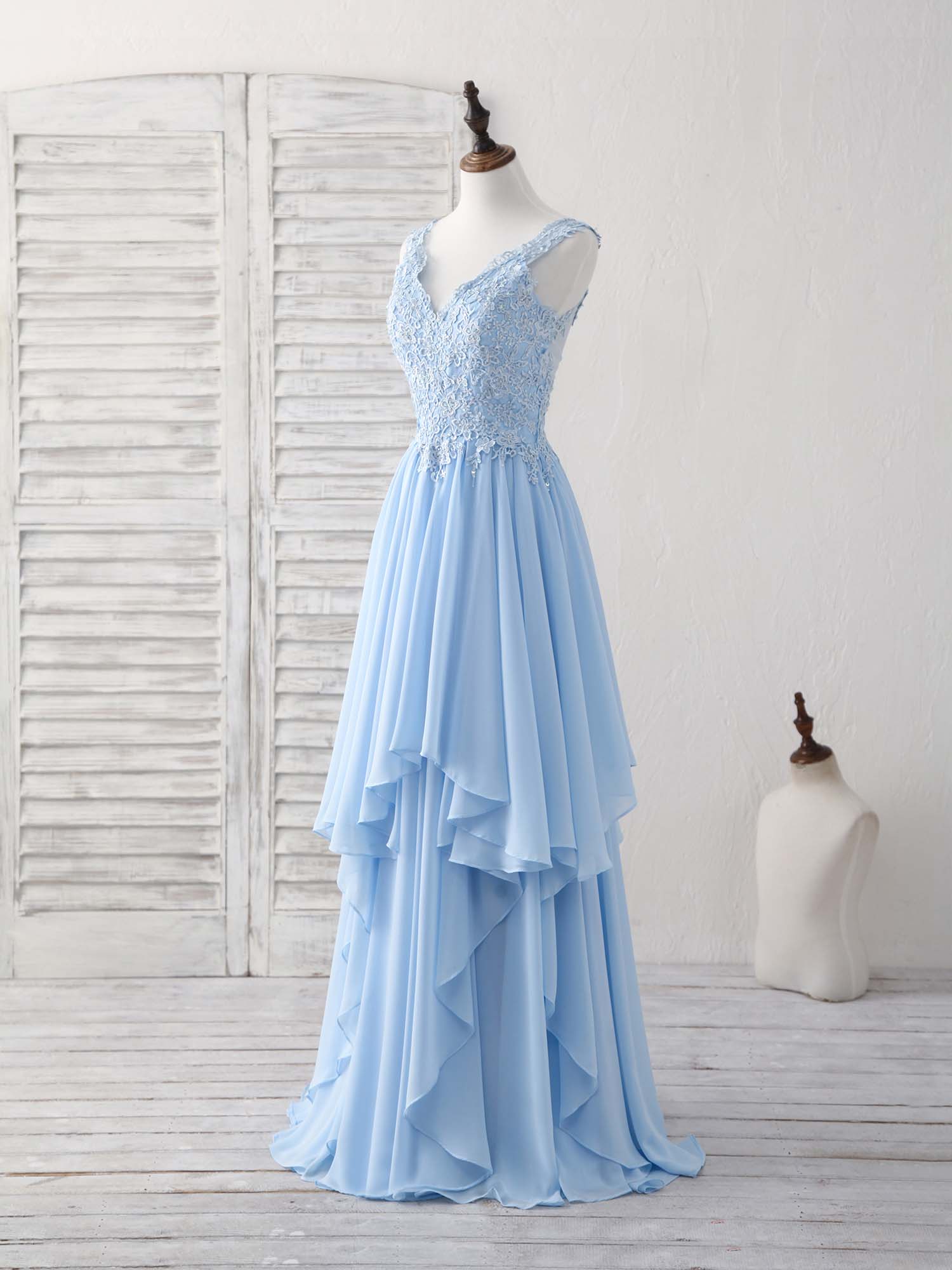 Blue V Neck Applique Chiffon Long Prom Dress Lace Bridesmaid Dress – shopluu
