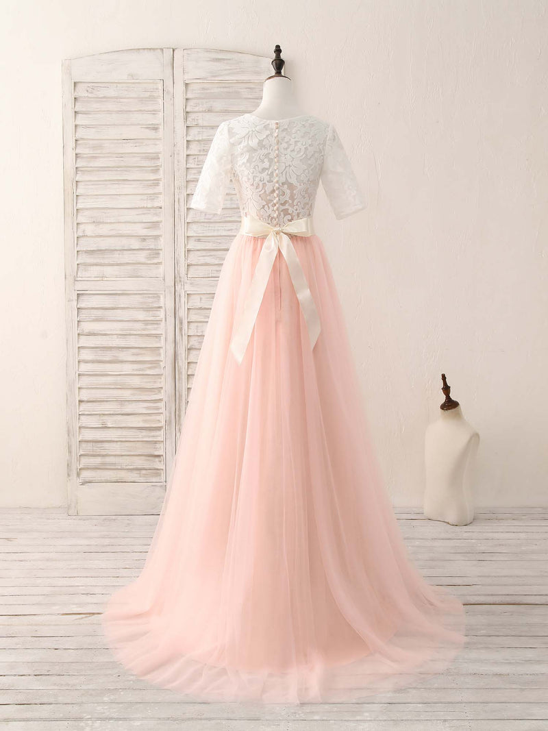Pink Tulle Lace Long Prom Dress Pink Bridesmaid Dress