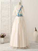 Unique Lace Applique Tulle Long Prom Dress Light Champagne Bridesmaid Dress