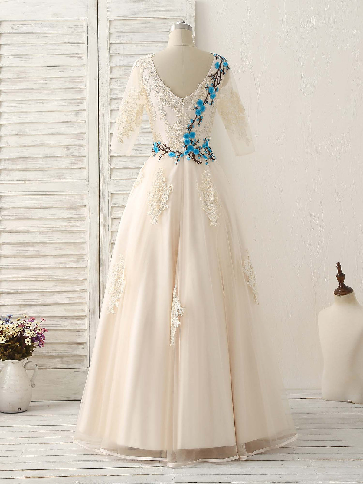 A-Line Lace Applique Tulle Long Prom Dress Light Champagne Bridesmaid Dress