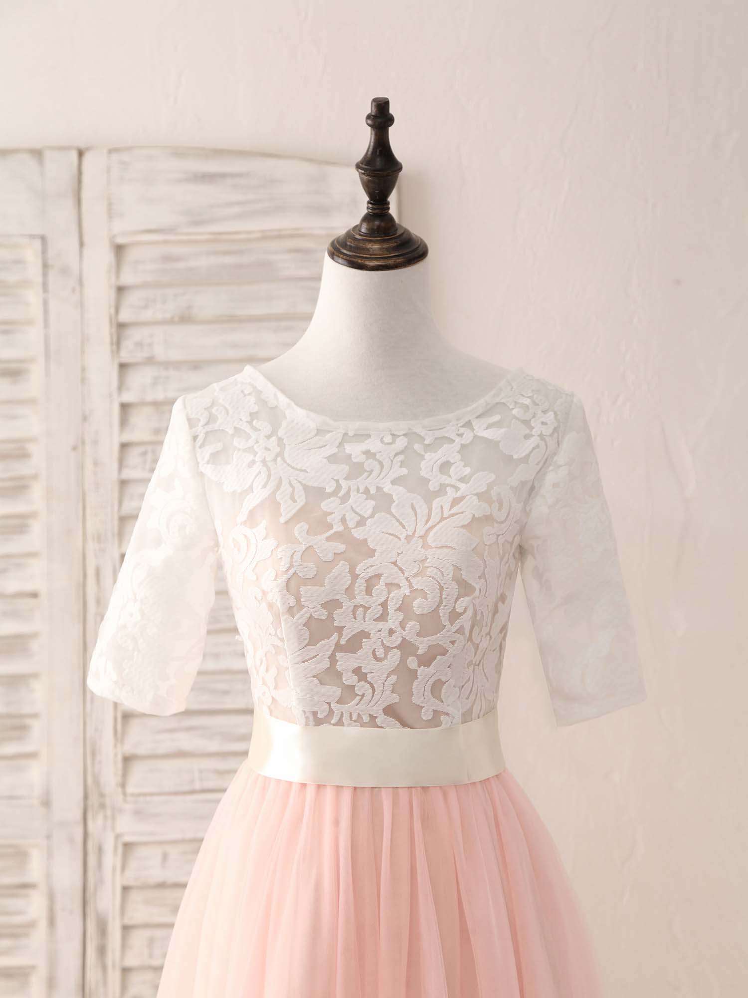 Pink Tulle Lace Long Prom Dress Pink Bridesmaid Dress US 8 / Custom Color Pink Tulle Lace Long Prom Dress Pink Bridesmaid Dress US 8 / Custom Color