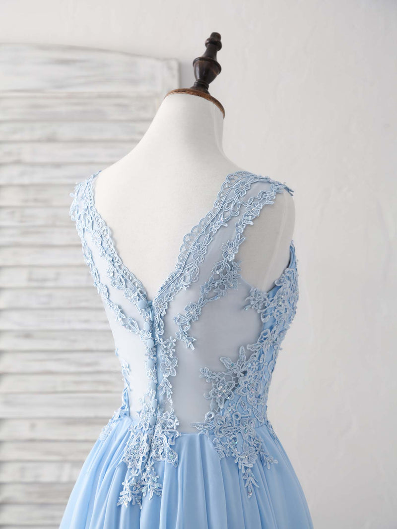 Blue V Neck Applique Chiffon Long Prom Dress Lace Bridesmaid Dress ...