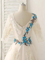 Unique Lace Applique Tulle Long Prom Dress Light Champagne Bridesmaid Dress