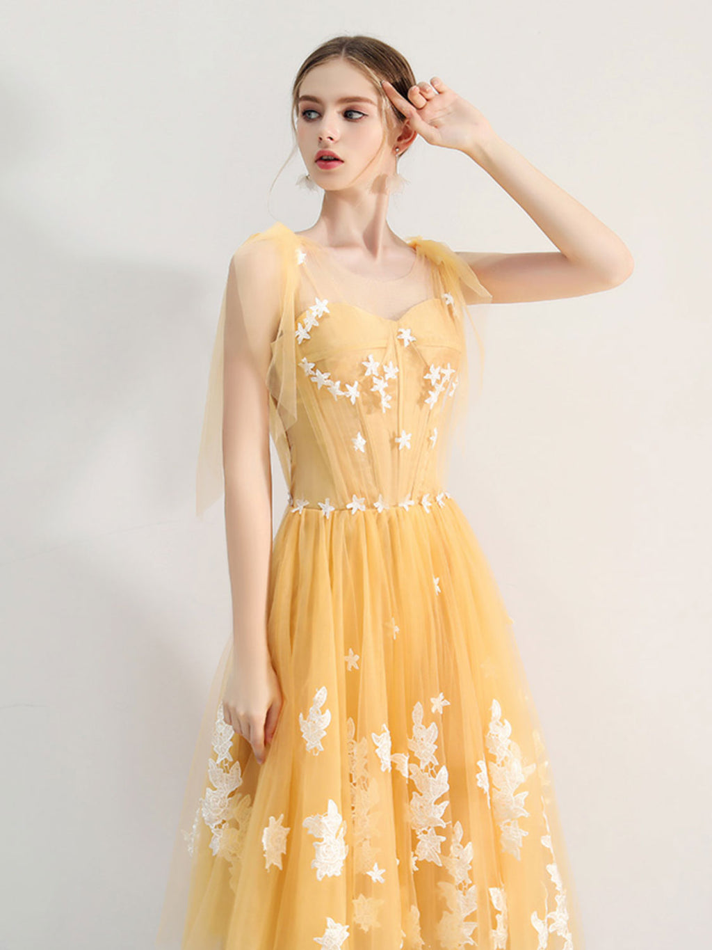 A-Line Yellow Tulle lace Short Prom Dress, Yellow Homecoming Dress