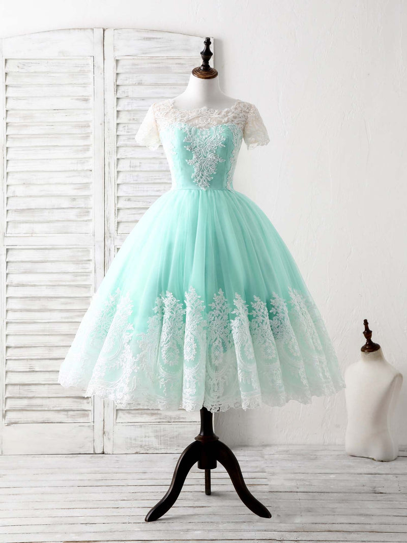 Blue Tulle Lace Short Prom Dress Blue Bridesmaid Dress