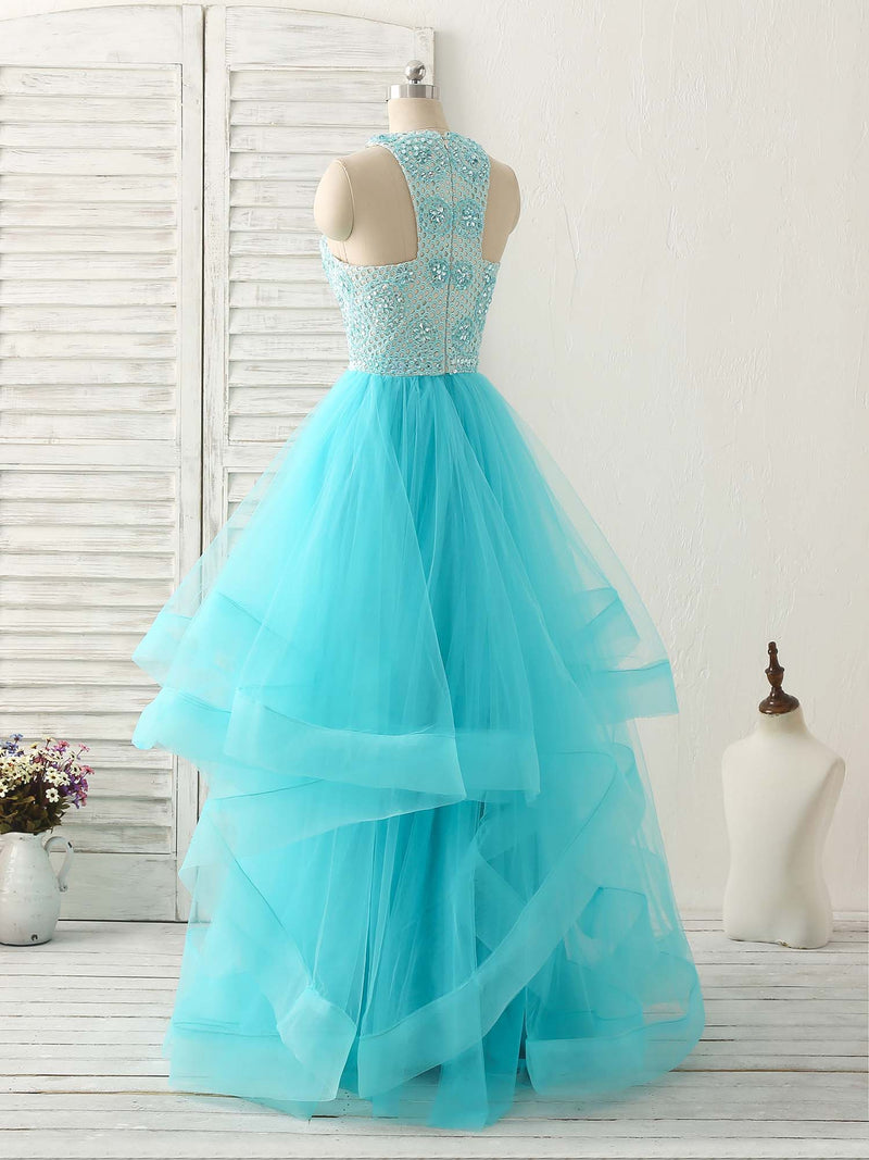 Blue High Neck Tulle Long Prom Dress Blue Evening Dress