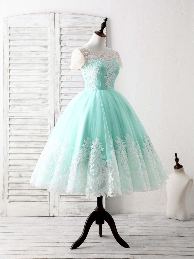 Green Round Neck Lace Applique Tulle Short Prom Dresses