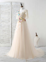 Unique Champagne Lace Applique Tulle Long Prom Dress, Evening Dress