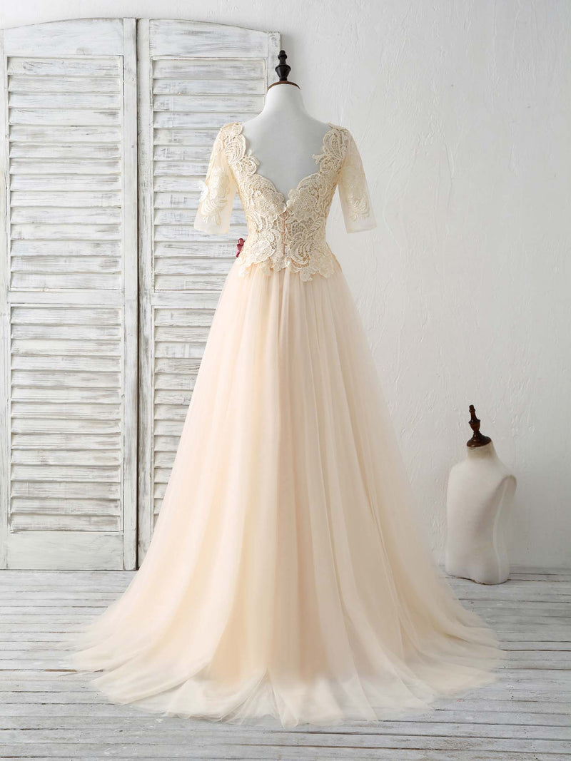 Unique Champagne Lace Applique Tulle Long Prom Dress, Evening Dress