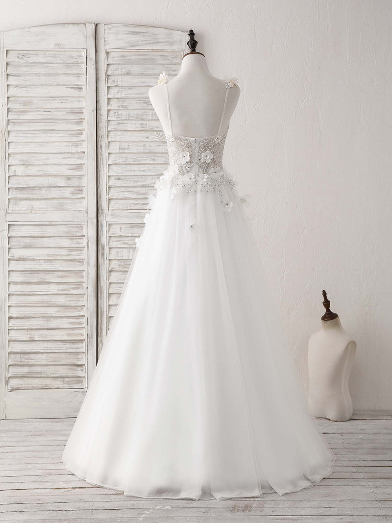 White V Neck Tulle Beads Long Prom Dress White Evening Dress