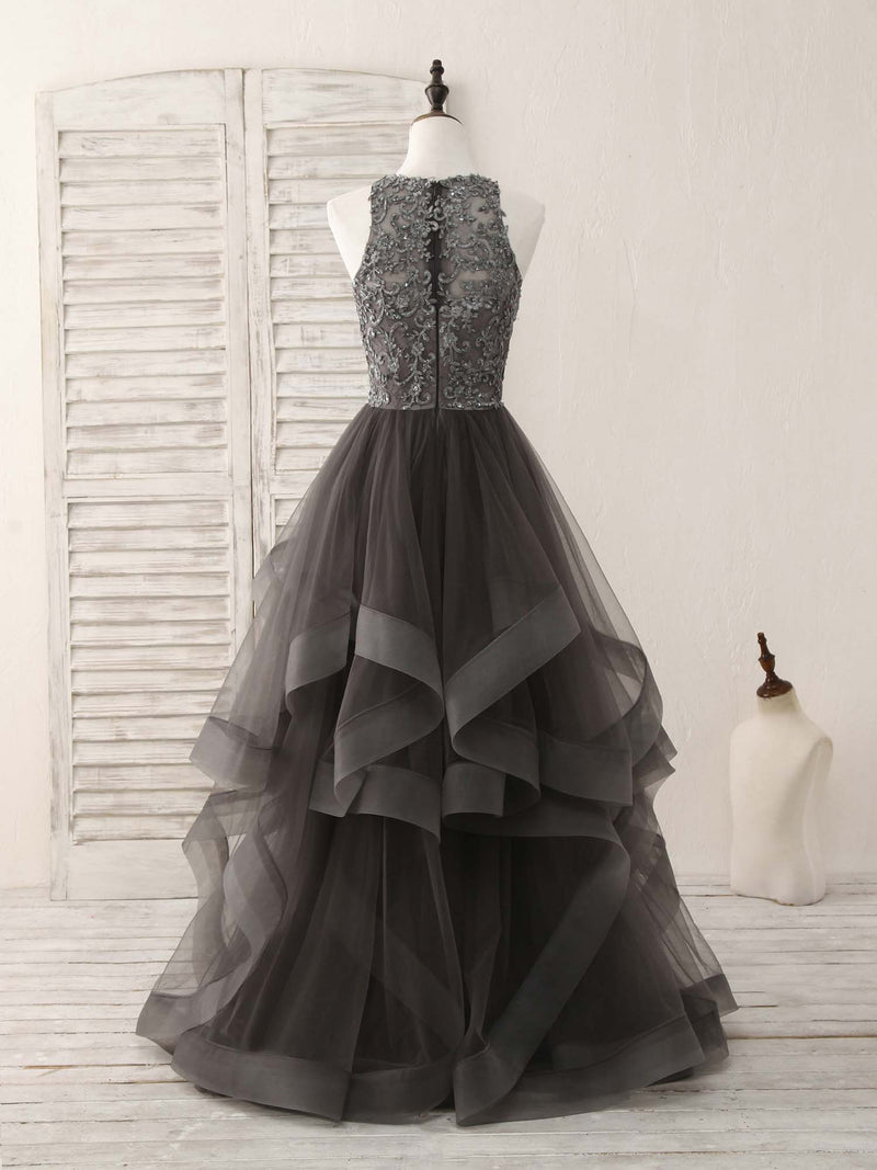 Unique Round Neck Lace Applique Tulle Long Prom Dresses
