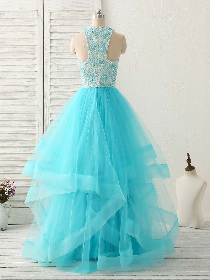Blue High Neck Tulle Long Prom Dress Blue Evening Dress