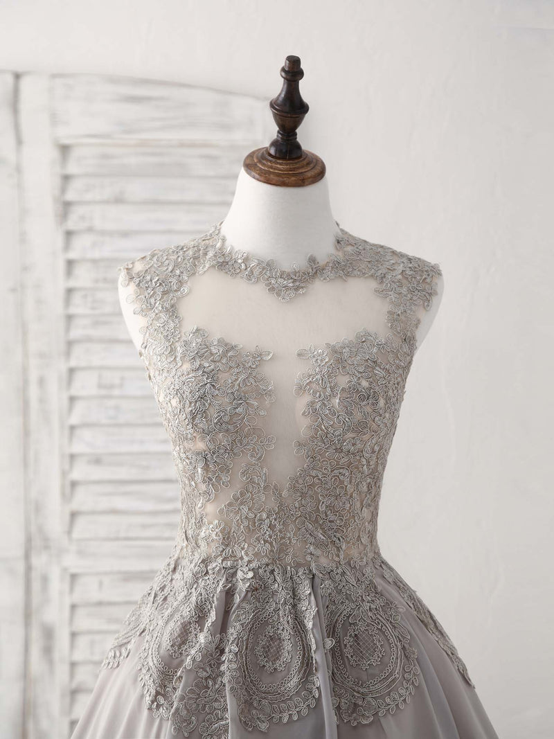 Gray High Neck Lace Chiffon Short Prom Dress Gray Bridesmaid Dress