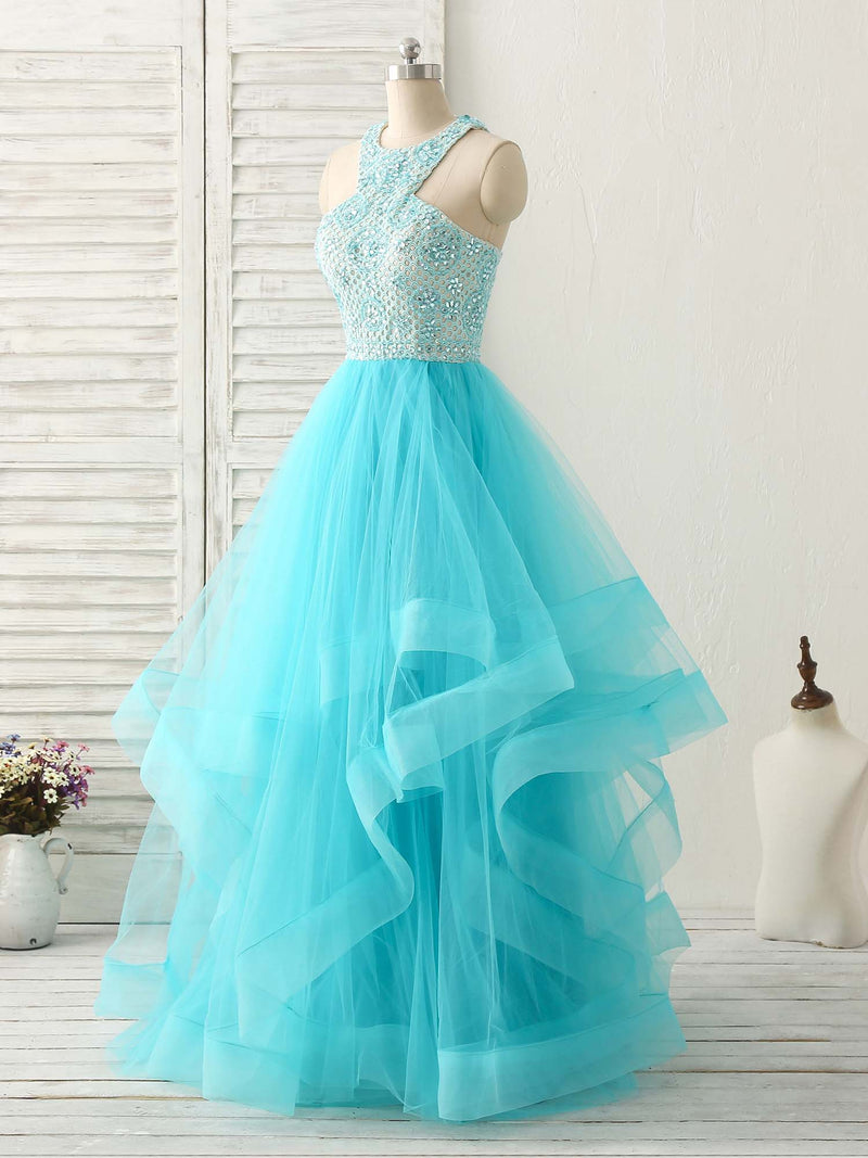 Blue High Neck Tulle Long Prom Dress Blue Evening Dress shopluu Blue High Neck Tulle Long Prom Dress Blue Evening Dress shopluu