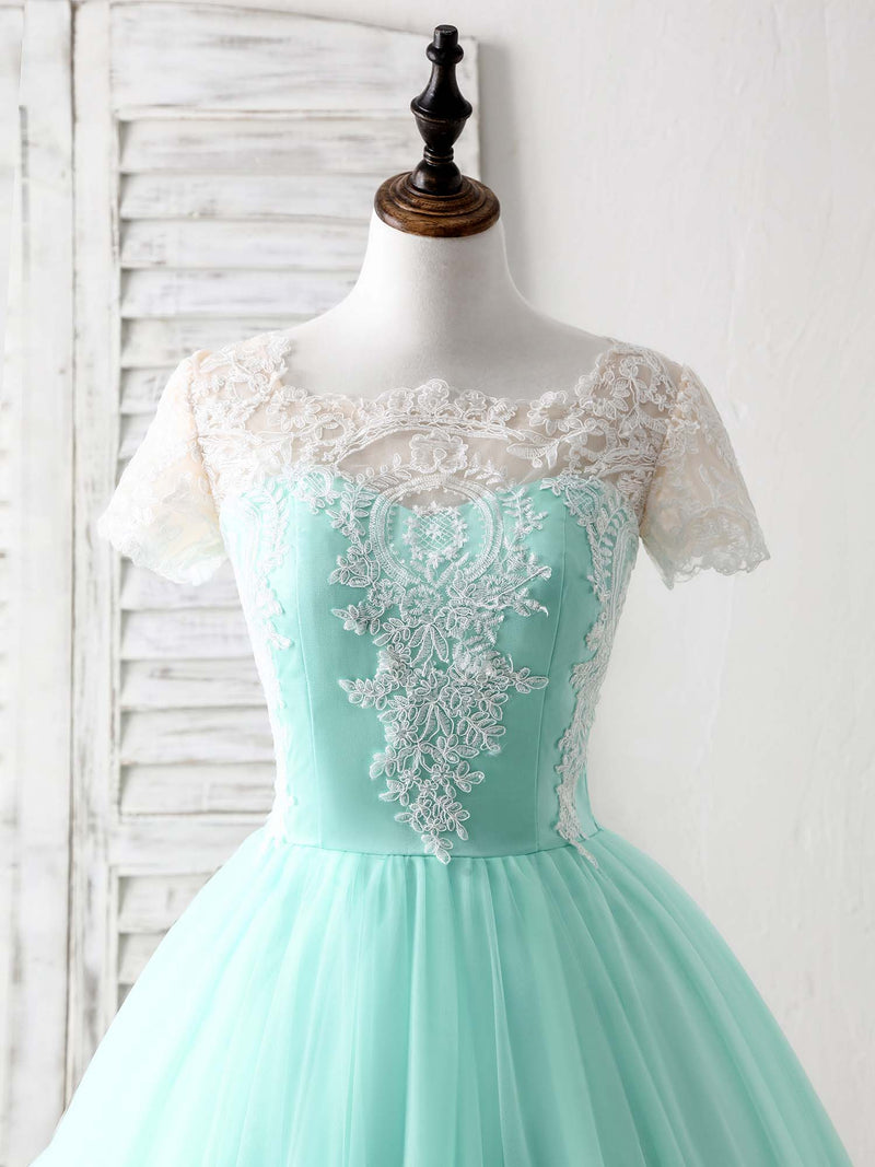 Green Round Neck Lace Applique Tulle Short Prom Dresses