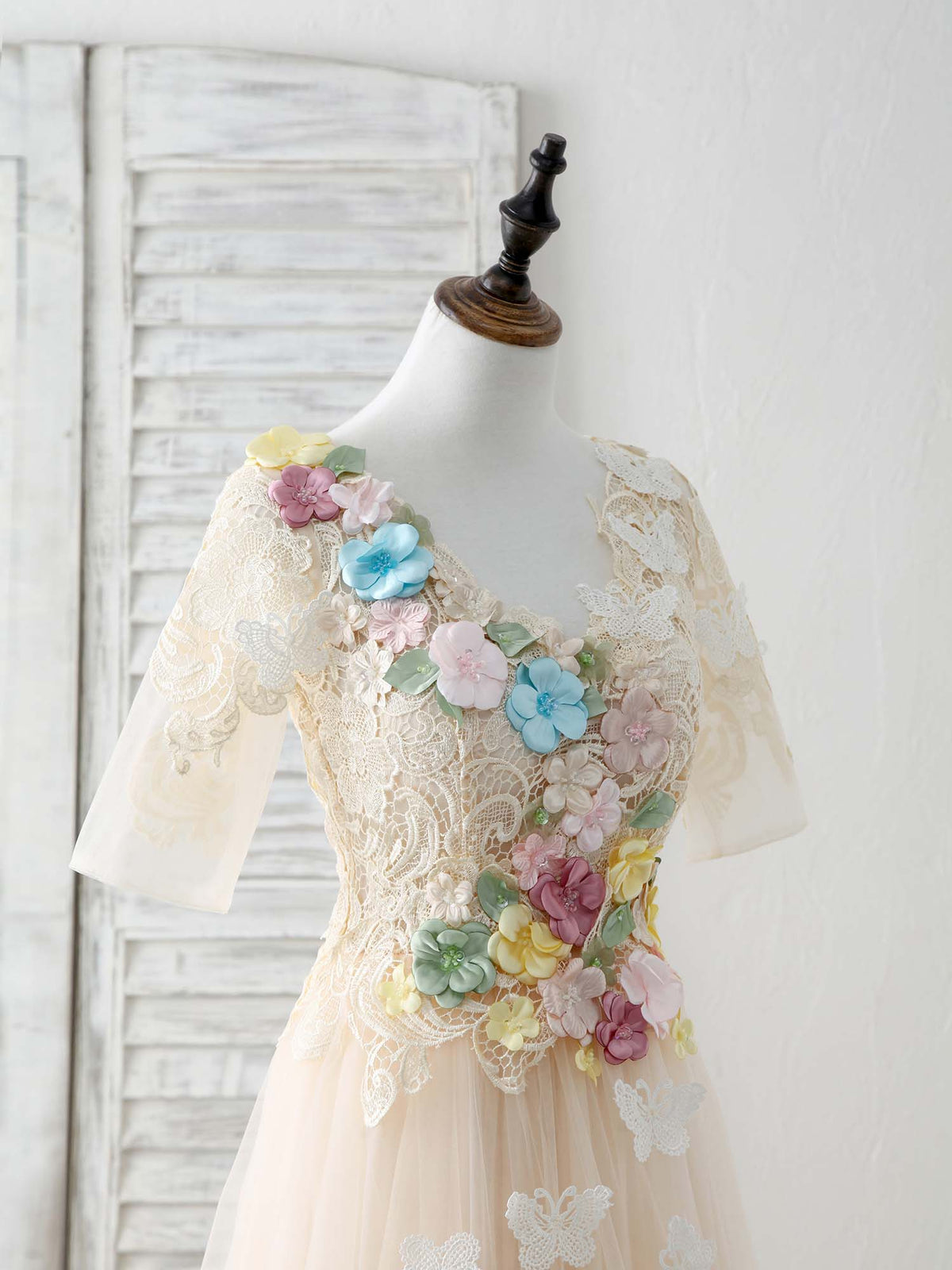 A-Line Champagne Lace Applique Tulle Long Prom Dress, Evening Dress