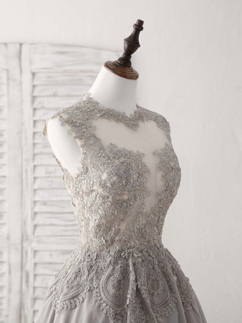 Gray High Neck Lace Chiffon Short Prom Dress Gray Bridesmaid Dress