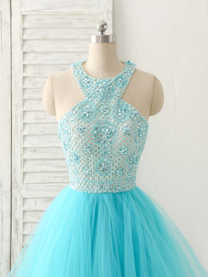 Blue High Neck Tulle Long Prom Dress Blue Evening Dress shopluu Blue High Neck Tulle Long Prom Dress Blue Evening Dress shopluu
