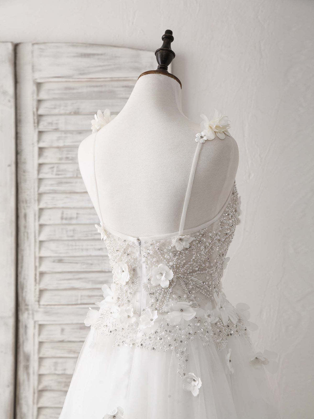 White V Neck Tulle Beads Long Prom Dress White Evening Dress