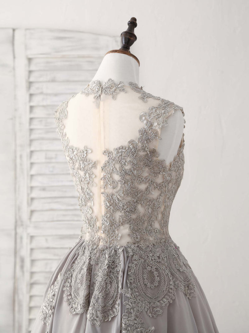 Gray High Neck Lace Chiffon Short Prom Dress Gray Bridesmaid Dress shopluu Gray High Neck Lace Chiffon Short Prom Dress Gray Bridesmaid Dress shopluu