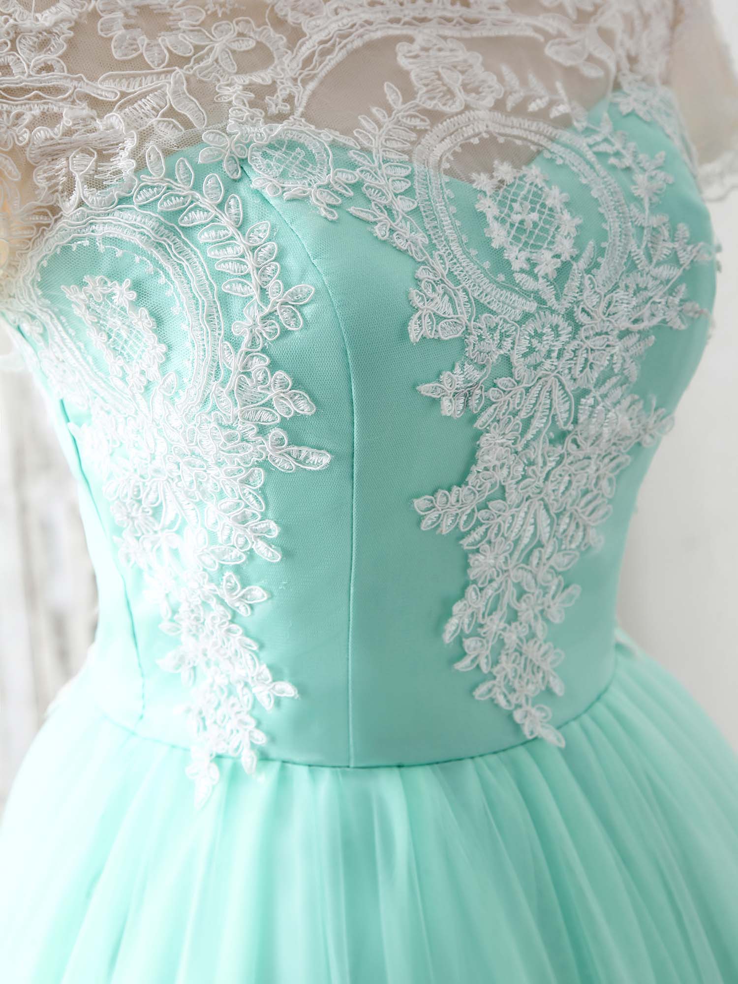 Green Round Neck Lace Applique Tulle Short Prom Dresses – shopluu