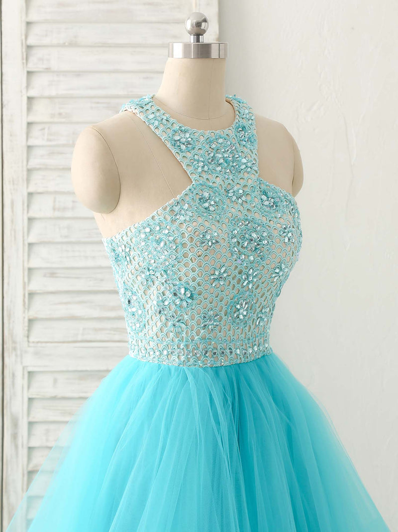 Blue High Neck Tulle Long Prom Dress Blue Evening Dress shopluu Blue High Neck Tulle Long Prom Dress Blue Evening Dress shopluu