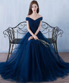 Blue V Neck Tulle A Line Long Prom Dress, Evening Dress