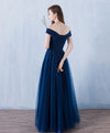 Blue V Neck Tulle A Line Long Prom Dress, Evening Dress