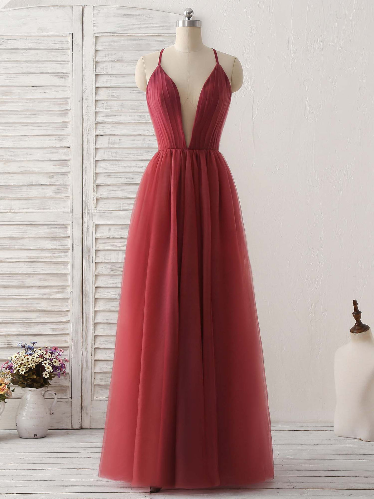 Burgundy V Neck Tulle Long Prom Dress, Burgundy Evening Dress