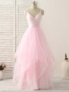 Pink V Neck Tulle Long Prom Dress Simple Pink Tulle Evening Dress