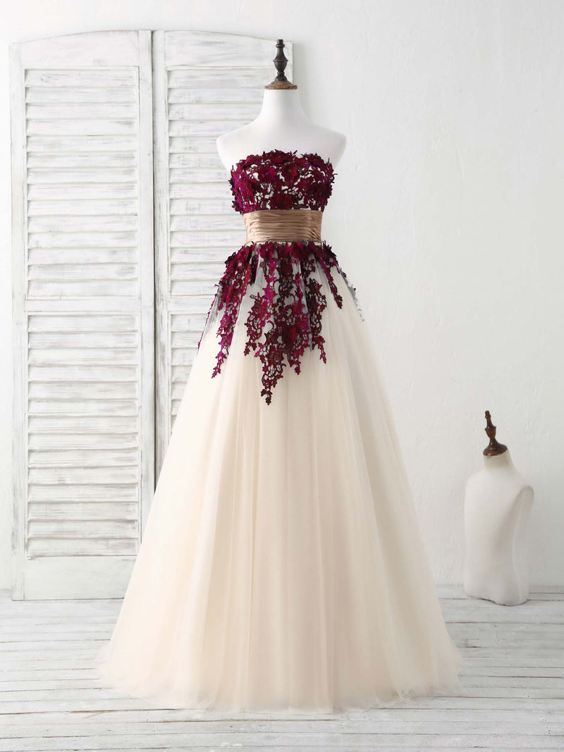 Burgundy Lace Applique Tulle Long Prom Dress Burgundy Bridesmaid Dress