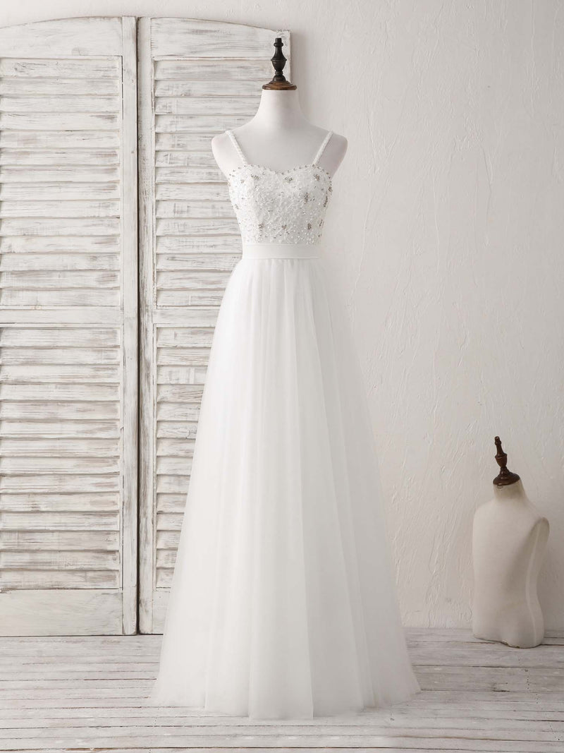 White Sweetheart Neck Tulle Beads Long Prom Dress White Evening Dress
