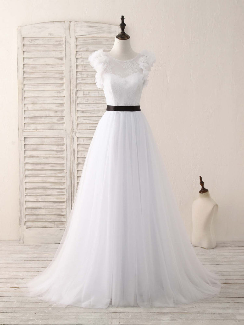 White A-Line Lace Tulle Long Prom Dress, White Evening Dress
