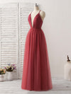 Burgundy V Neck Tulle Long Prom Dress, Burgundy Evening Dress