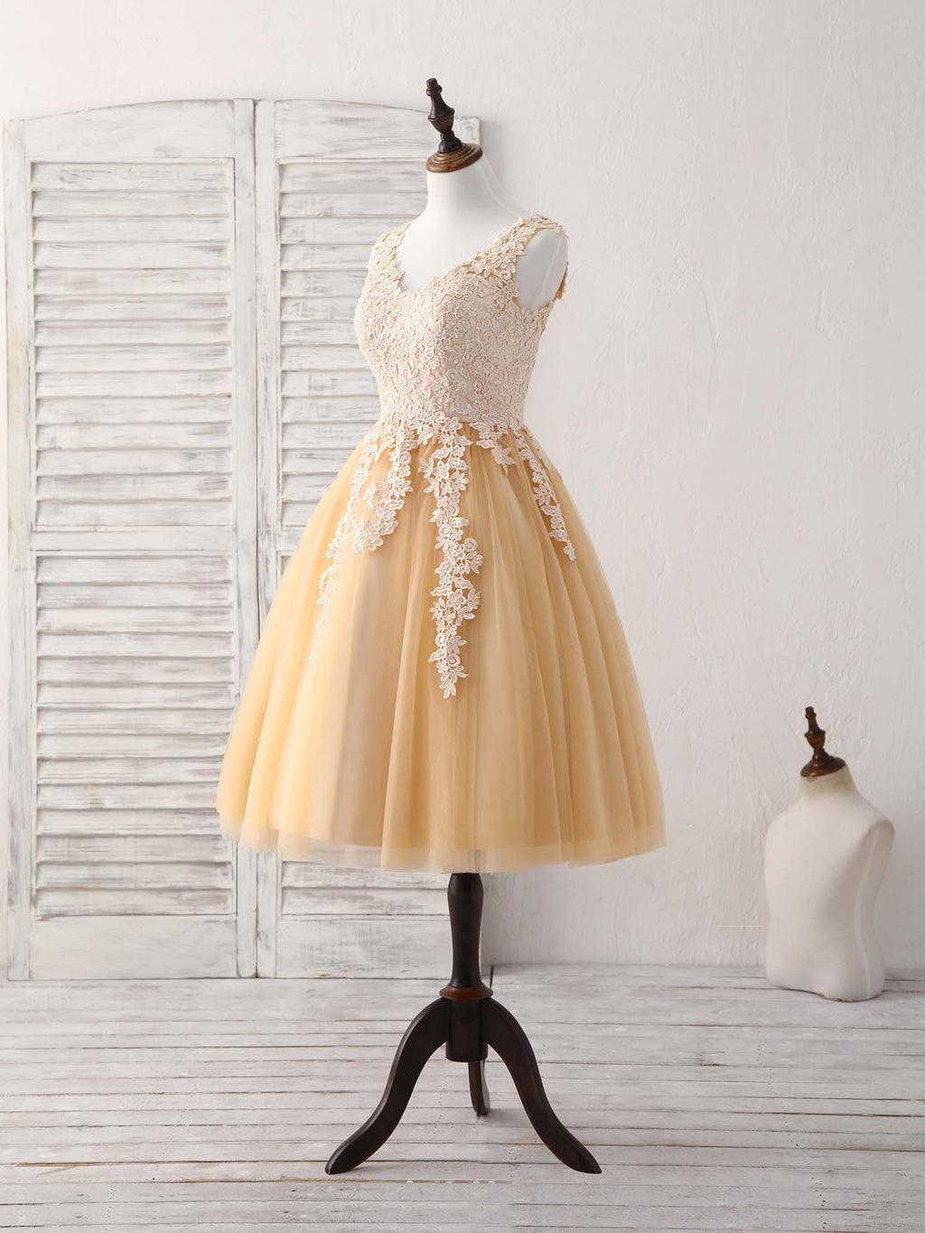 Champagne V Neck Lace Short Prom Dress Champagne Bridesmaid Dress shopluu Champagne V Neck Lace Short Prom Dress Champagne Bridesmaid Dress shopluu