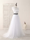 White A-Line Lace Tulle Long Prom Dress, White Evening Dress